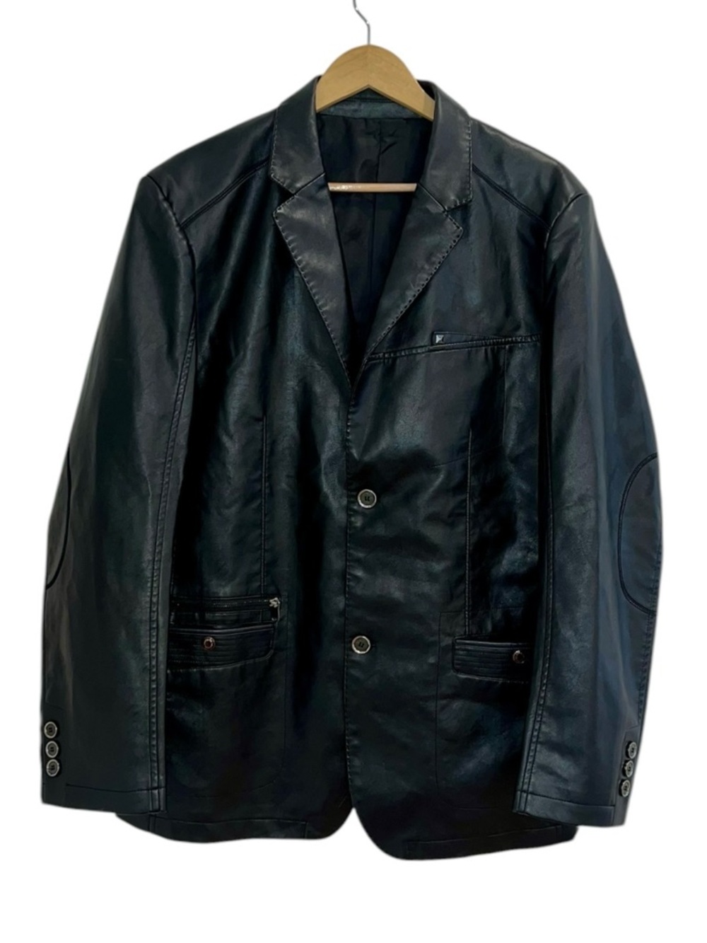 NEW Men’s chouyatou Slim Moto Faux Leather Blazer Suit Jacket Black - Picture 2 of 4